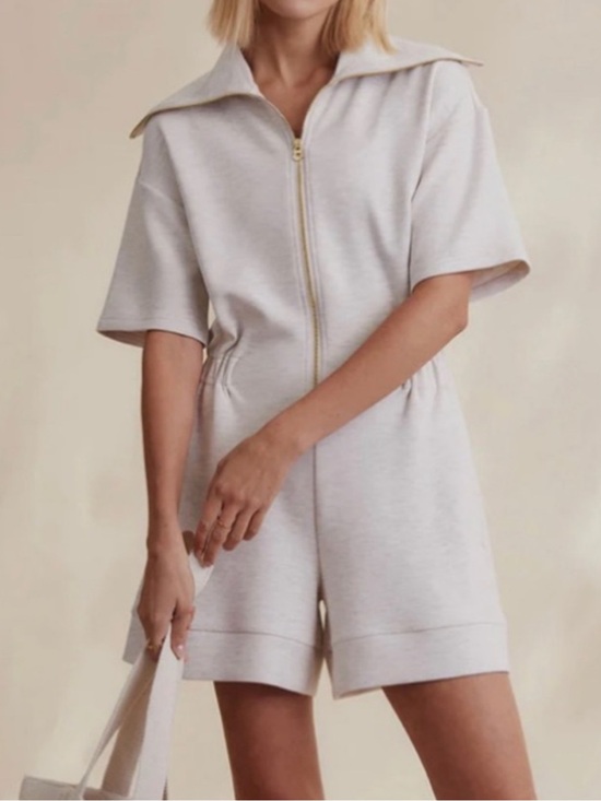 Varley Pants - Varley Cream Short-Sleeve Zip Romper with Gold Zip